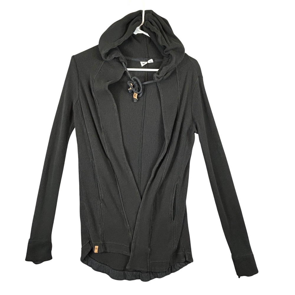 Tentree Treewaffle Black Knit Hooded Draped Cardigan Top XS